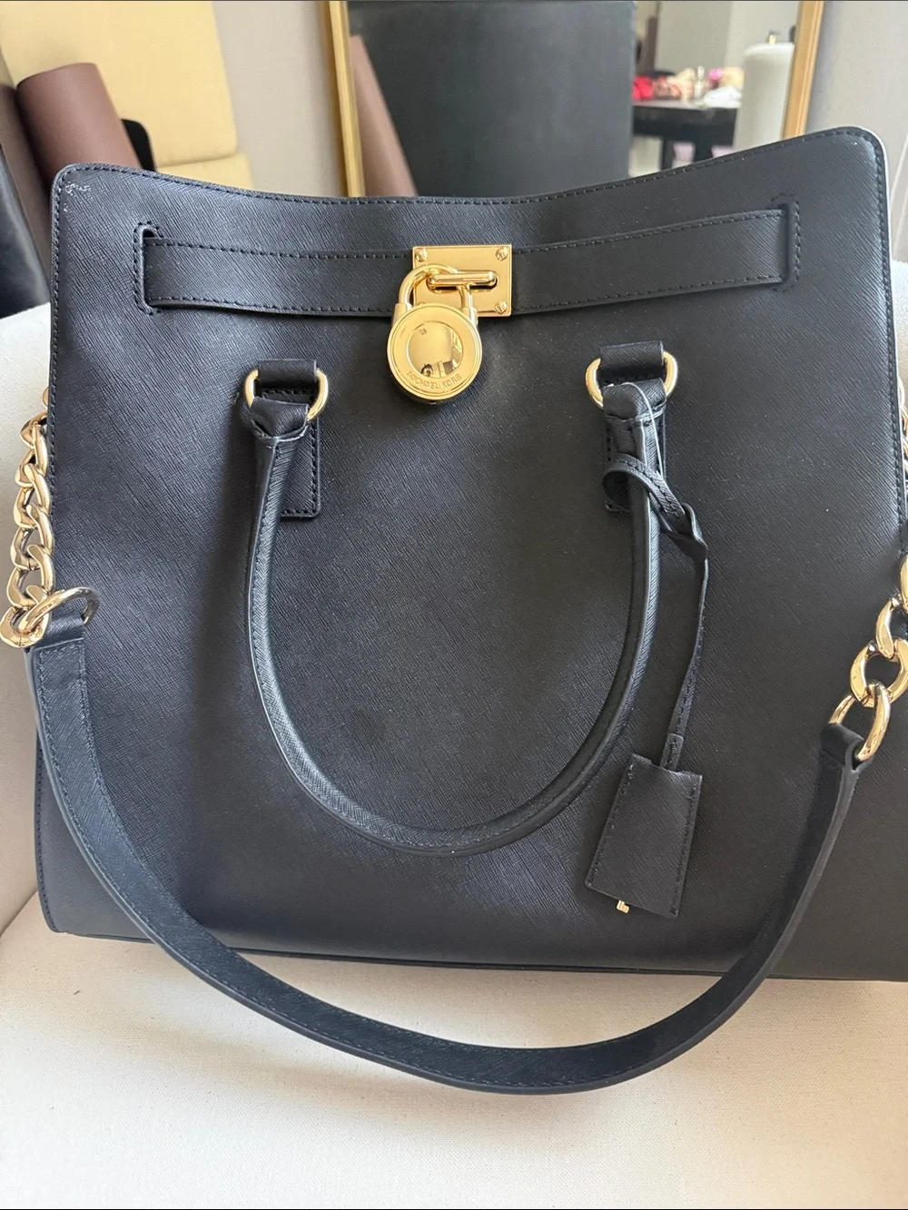 Michael Kors Black Saffiano Satchel with Gold Accent Lock